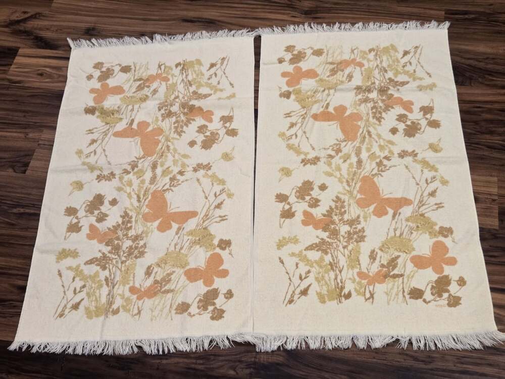 Vintage Cannon Towel Set 3 Piece Retro Floral Butterfly Fringe Yellow Orange - Picture 6 of 13